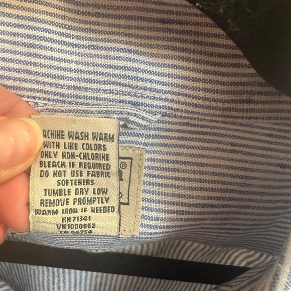 LINEN LANDS END Blue White Stripe Men’s Long Sleeve Button Up Vacation SZ XL EUC - Picture 11 of 13